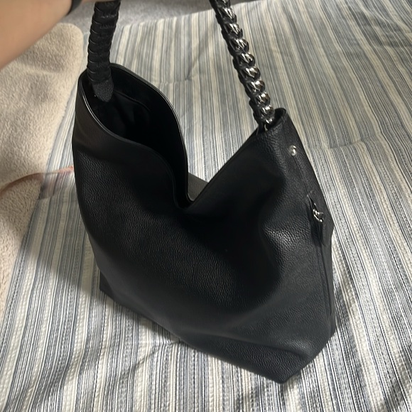 REBECCA MINKOFF Black Pebbled Leather CHAIN HOBO Bag Purse silver hardware - Picture 8 of 11